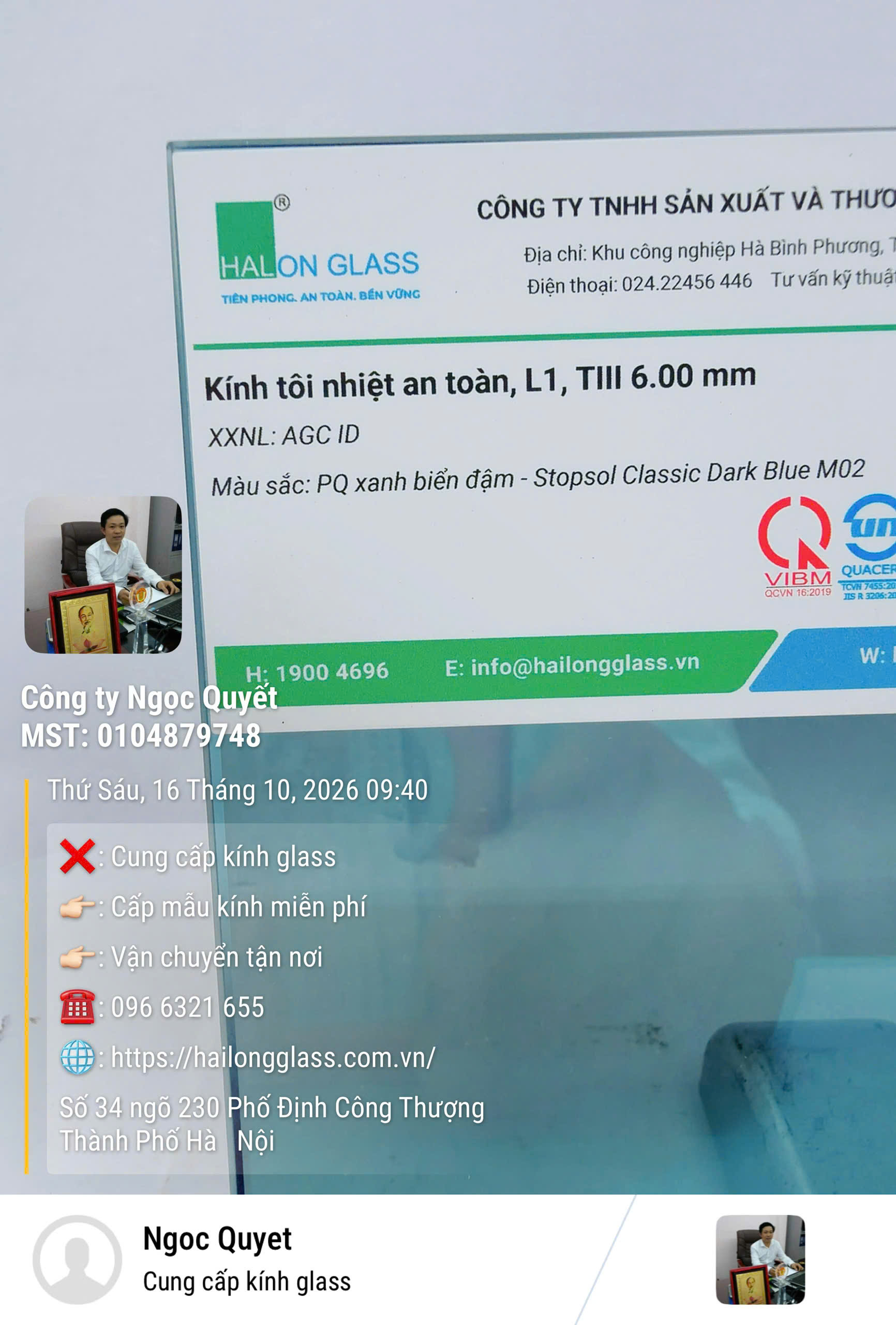 Kính tôi nhiệt an toàn Hải Long Glass dày 6 mm màu xanh biển đậm Stopsol Classic